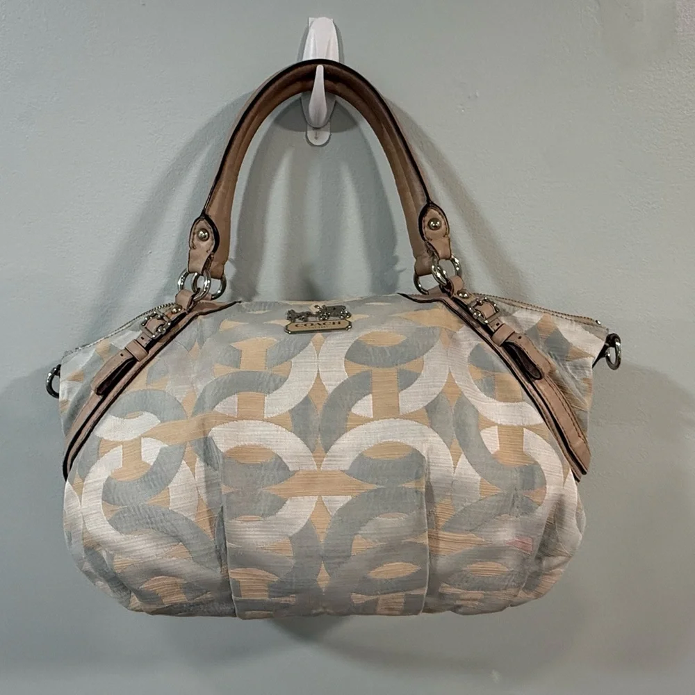 COACH MADISON SATCHEL Blue Cream Signature C Fabric Leather Trim Handbag Purse - Picture 7 of 14
